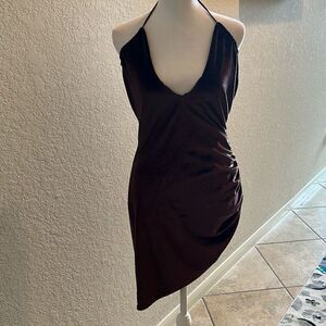 Pretty Little Thing Women’s 8 Halter Neck Asymmetrical Mini Dress Brown Metallic